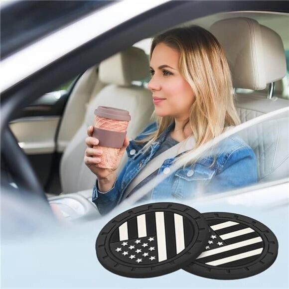 American Flag Car Cup Coasters 4-Pack Cup Holder Anti Slip Rubber Vehicle Black - Picture 5 of 7